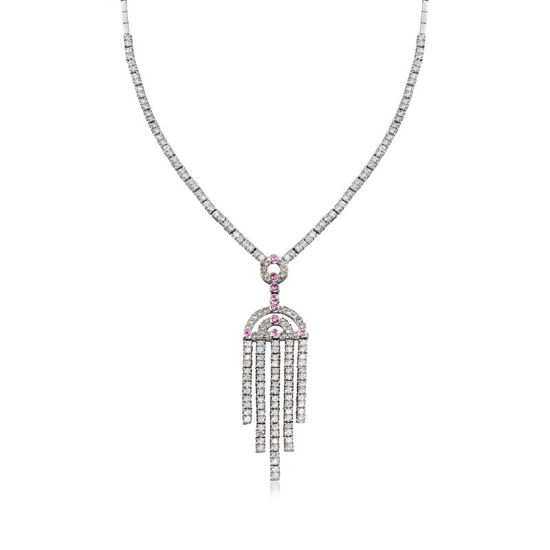 C. 1990 Vintage 3.00 ct. t.w. Diamond and .15 ct. t.w. Pink Topaz Tassel Drop Necklace in 14kt White Gold. 16&quot; image number 1