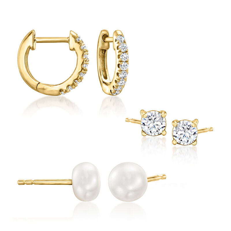 6-6.5mm Cultured Pearl and .60 ct. t.w. CZ Jewelry Set: Three Pairs of Earrings in 18kt Gold Over Sterling  image number 0