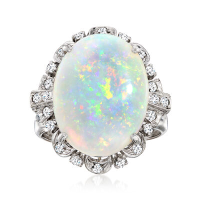 C. 1980 Vintage Opal and .35 ct. t.w. Diamond Scalloped Ring in 14kt White Gold