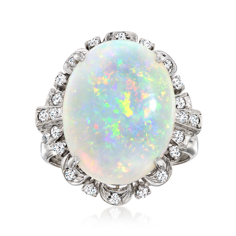 C. 1980 Vintage Opal and .35 ct. t.w. Diamond Scalloped Ring in 14kt White Gold. Size 8 image number 0
