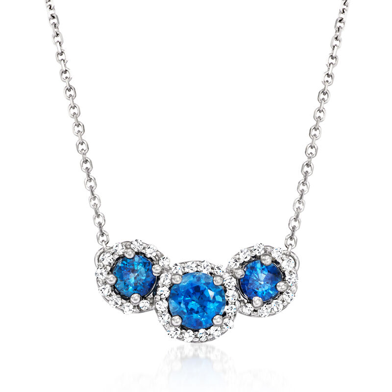 1.20 ct. t.w. Sapphire and .21 ct. t.w. Diamond Trio Necklace in 14kt White Gold. 16.5" image number 1
