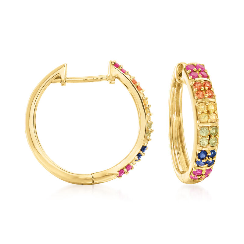 1.00 ct. t.w. Multicolored Sapphire Hoop Earrings in 14kt Yellow Gold image number 0