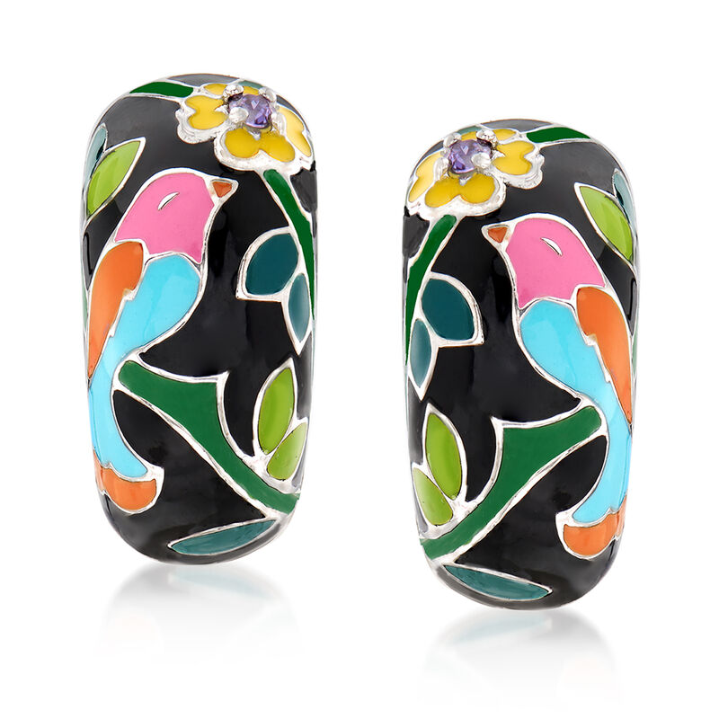 Belle Etoile &quot;Song Bird&quot; Multicolored Enamel Hoop Earrings with CZ Accents in Sterling Silver. 3/4&quot; image number 0