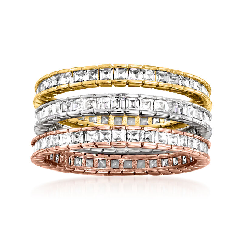 1.60 ct. t.w. CZ Jewelry Set: Three Rings in Rose and Yellow 18kt Gold Over Sterling and Sterling Silver image number 0
