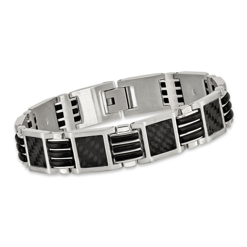 Men's Stainless Steel Bracelet with Black Carbon Fiber and Rubber Inlay  9&quot; image number 0