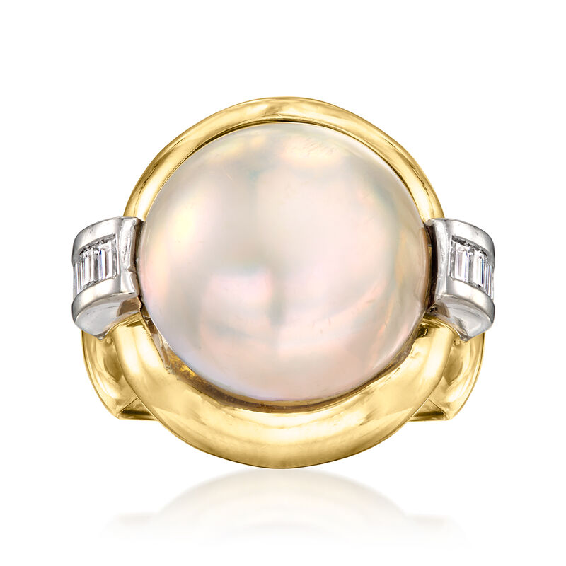 C. 1980 Vintage 16.5mm Cultured Mabe Pearl Ring with .40 ct. t.w. Diamonds in 18kt Yellow Gold. Size 7.5