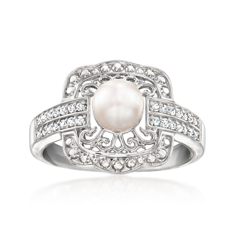 6-6.5mm Cultured Pearl Square-Top Ring with .15 ct. t.w. Diamonds in Sterling Silver image number 0