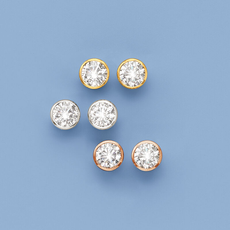 6.00 ct. t.w. CZ Jewelry Set: Three Pairs of Bezel-Set Stud Earrings in Tri-Colored Sterling Silver image number 2