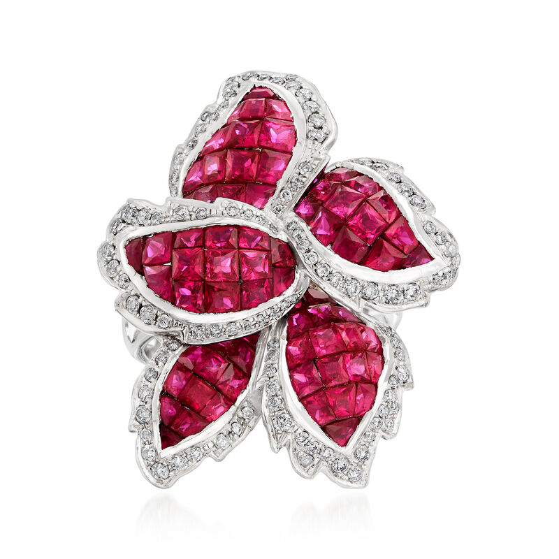 5.20 ct. t.w. Ruby and .60 ct. t.w. Diamond Leaf Ring in 18kt White Gold image number 0