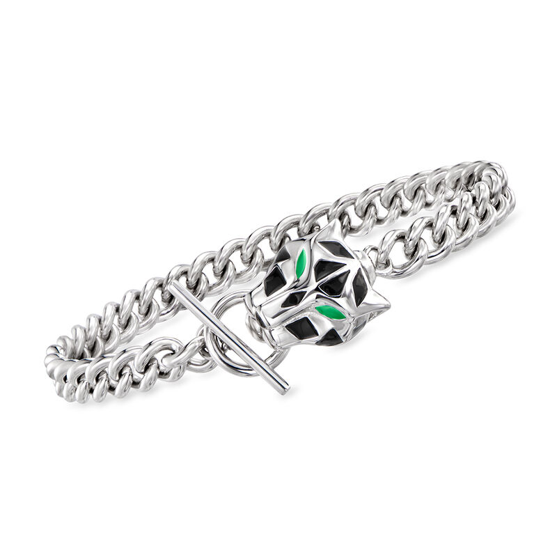Italian Black and Green Enamel Panther Head Toggle Bracelet in Sterling Silver image number 0