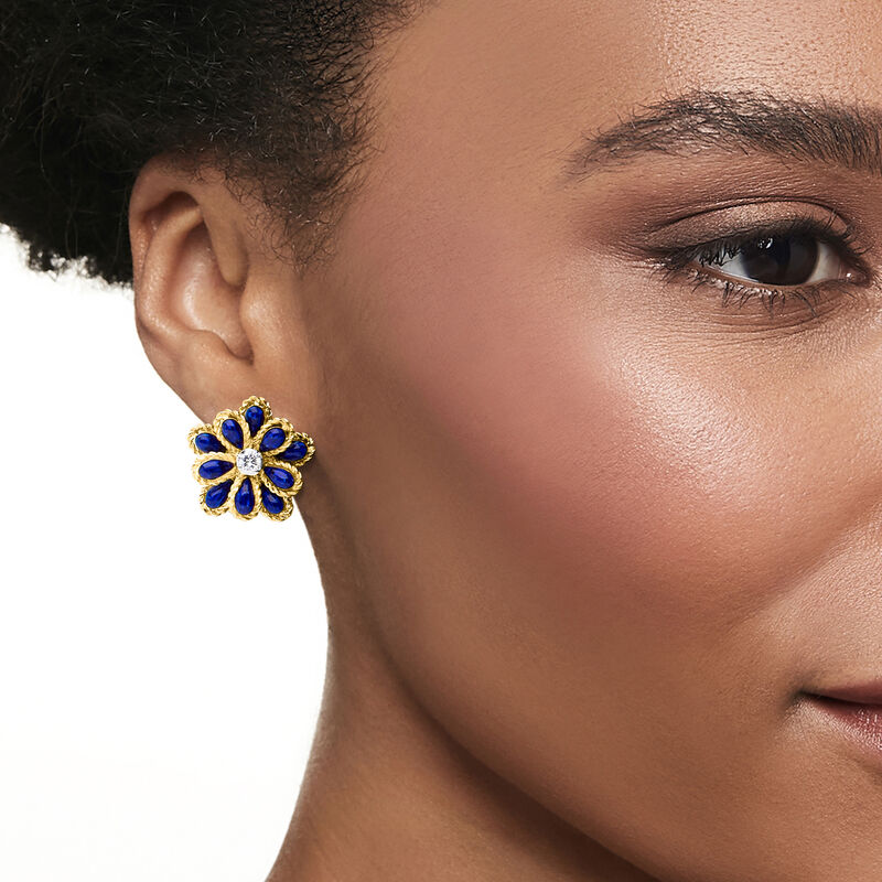 C. 1980 Vintage .30 ct. t.w. Diamond and Blue Enamel Flower Earrings in 18kt Yellow Gold  image number 1