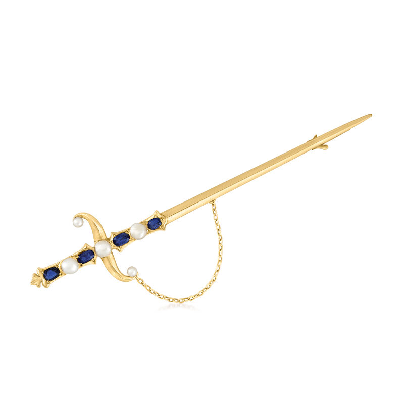 C. 1950 Vintage Cultured Pearl and 1.00 ct. t.w. Sapphire Sword Pin in 14kt Yellow Gold image number 0