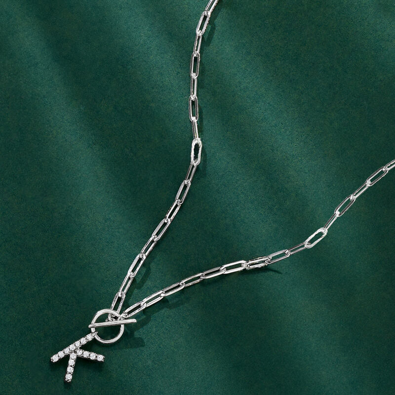 Diamond Initial Paper Clip Link Toggle Necklace in Sterling Silver image number 2
