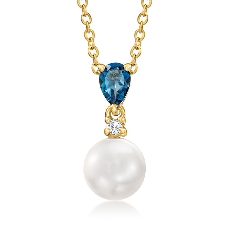 8mm Cultured Pearl, 1.30 ct. t.w. London Blue Topaz and .10 ct. t.w. White Zircon Jewelry Set: Drop Earrings and Pendant Necklace in 18kt Gold Over Sterling image number 3