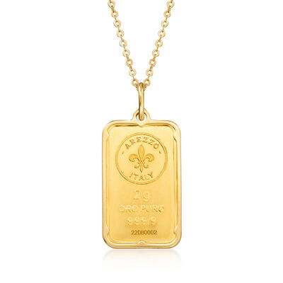Italian 24kt Yellow Gold Fleur-De-Lis Two-Gram Ingot Pendant Necklace with 14kt Yellow Gold Frame