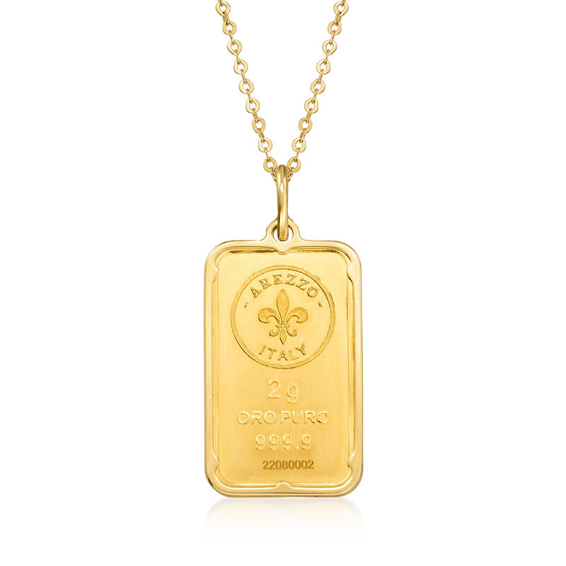 Italian 24kt Yellow Gold Fleur-De-Lis Two-Gram Ingot Pendant Necklace with 14kt Yellow Gold Frame image number 0