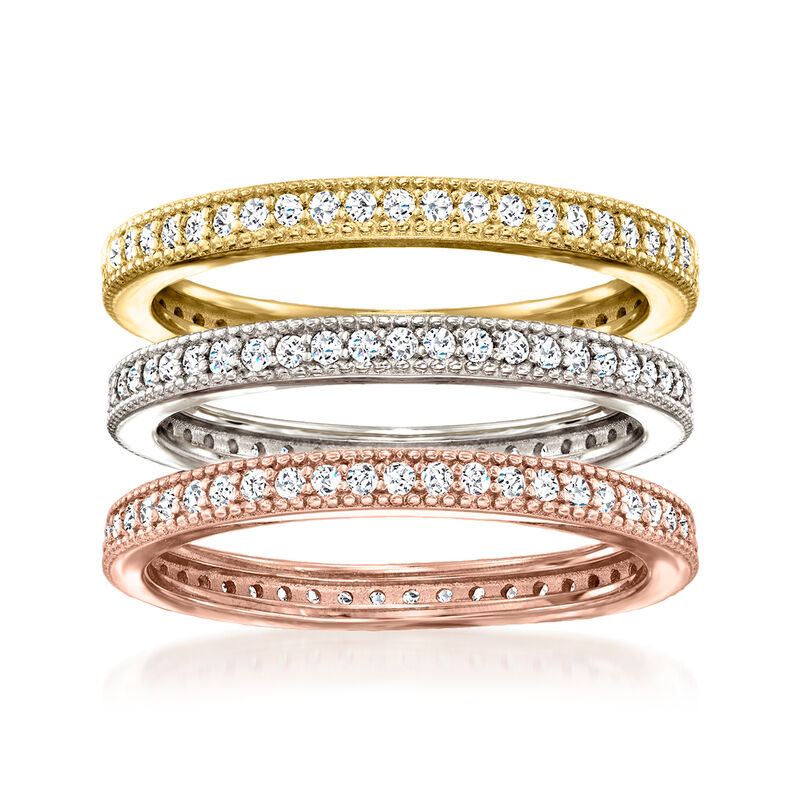 .70 ct. t.w. CZ Jewelry Set: Three Stacked Rings in Tri-Tone Sterling Silver image number 0