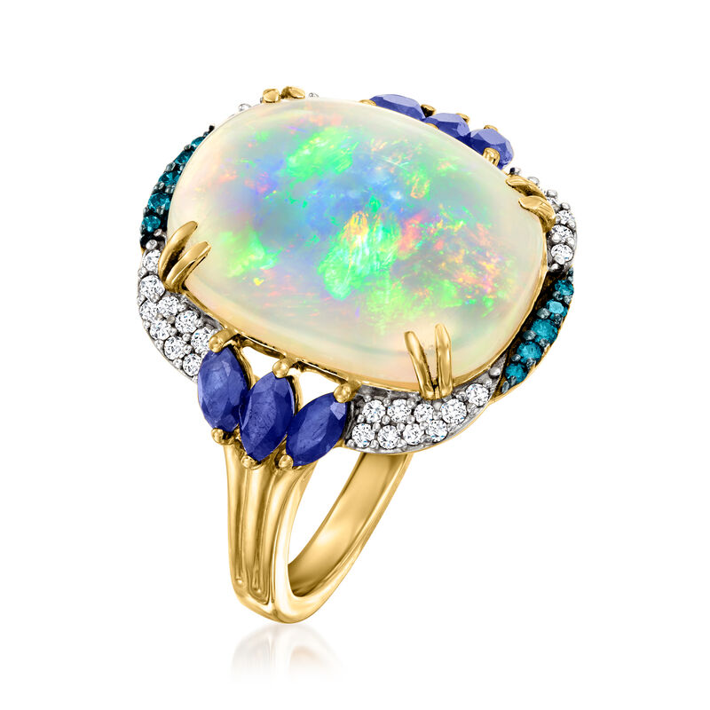 Opal, .80 ct. t.w. Sapphire and .26 ct. t.w. White and Blue Diamond Ring in 14kt Yellow Gold image number 2