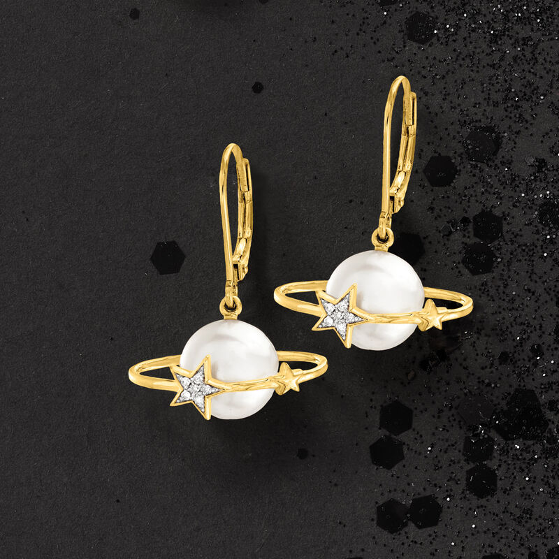 9.5-10mm Cultured Pearl Planet Drop Earrings with Diamond Accents in 18kt Gold Over Sterling image number 3