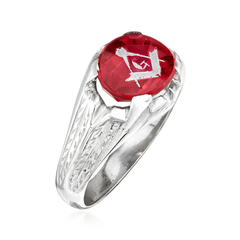 C. 1950 Vintage 3.00 Carat Synthetic Ruby Masonic Ring in 14kt White Gold image number 2