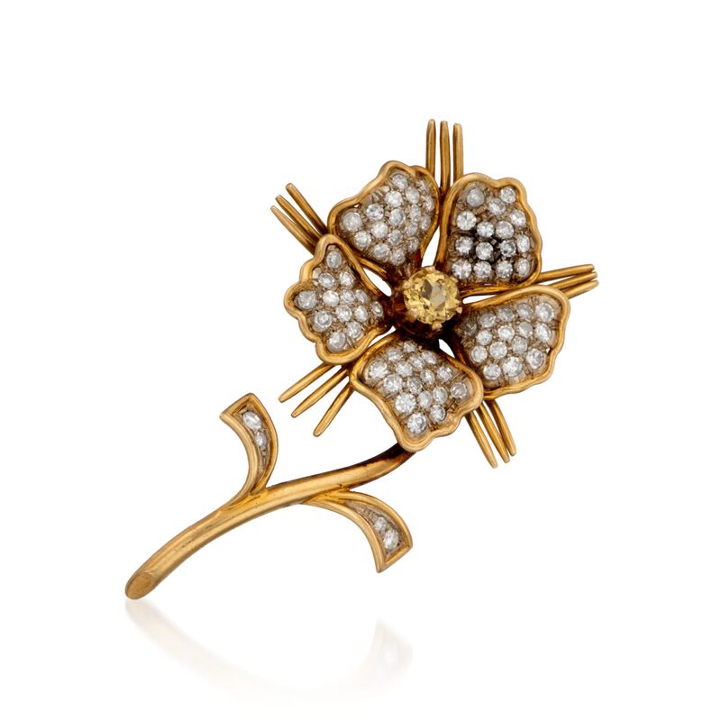 C. 1960 Tiffany Jewelry .42 Carat Yellow Beryl and 1.25 ct. t.w. Diamond Pin in 18kt Yellow Gold image number 0