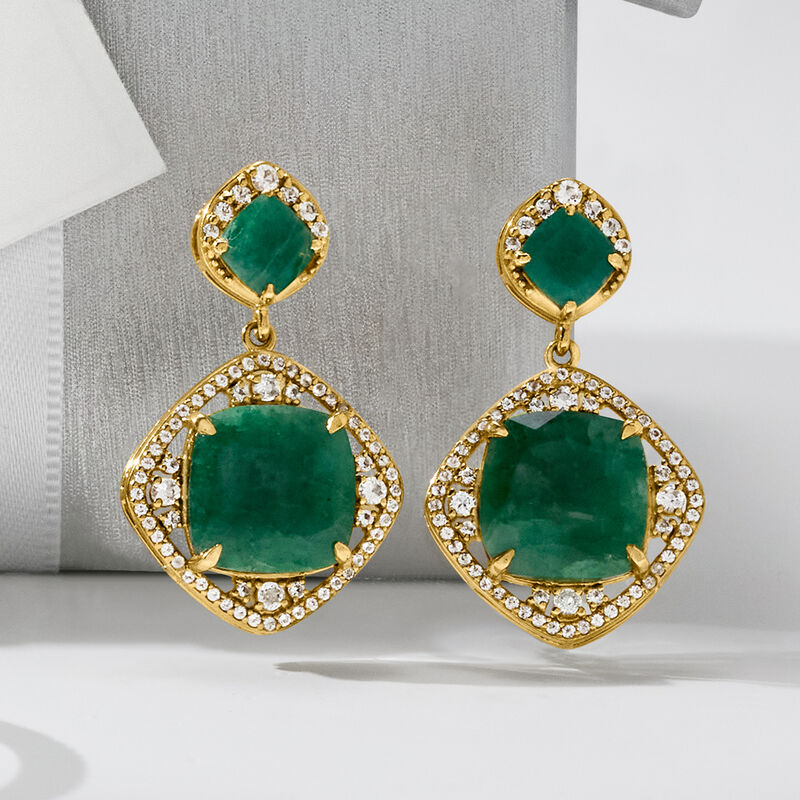 14.00 ct. t.w. Emerald and 1.60 ct. t.w. White Topaz Drop Earrings in 18kt Gold Over Sterling  image number 3