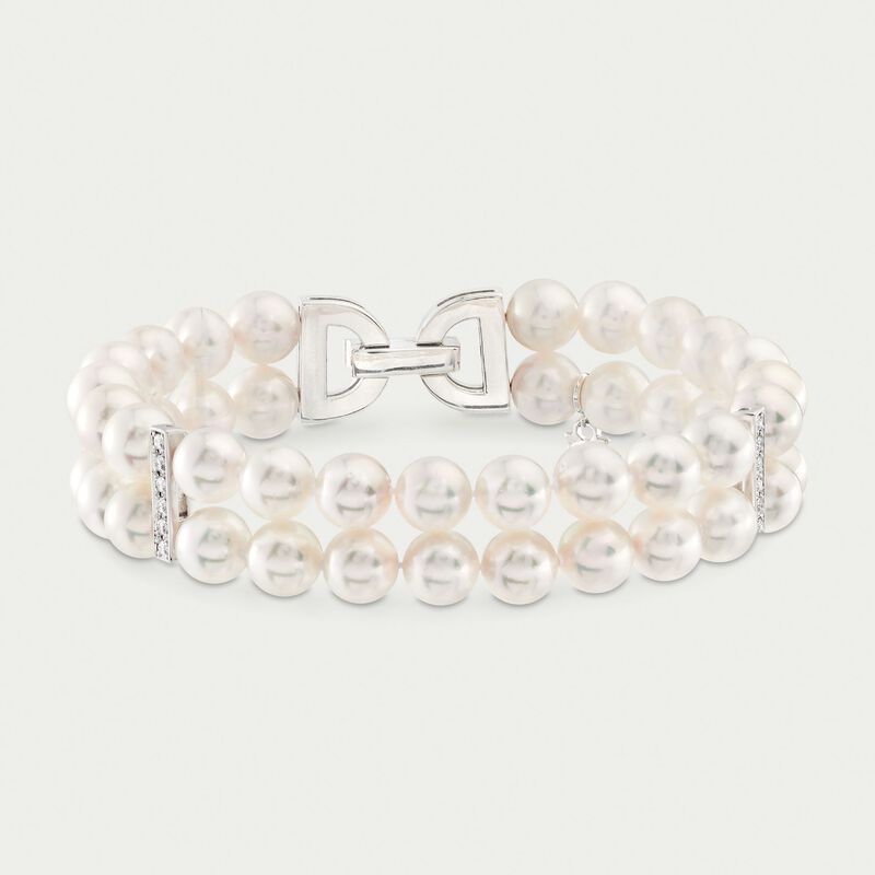 Mikimoto &quot;Japan&quot; 6.5-7mm A+ Akoya Pearl and .47 ct. t.w. Diamond Clasp Bracelet in 18kt White Gold image number 2
