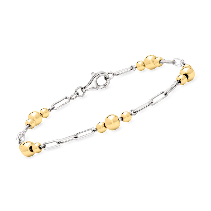 Sterling Silver and 18kt Gold Over Sterling Alternating Paper Clip Link and Bead Station Bracelet image number 0