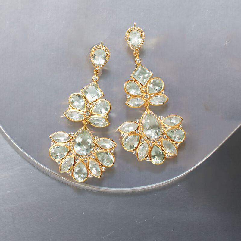 45.25 ct. t.w. Prasiolite and 3.10 ct. t.w. White Topaz Chandelier Earrings in 18kt Gold Over Sterling image number 2