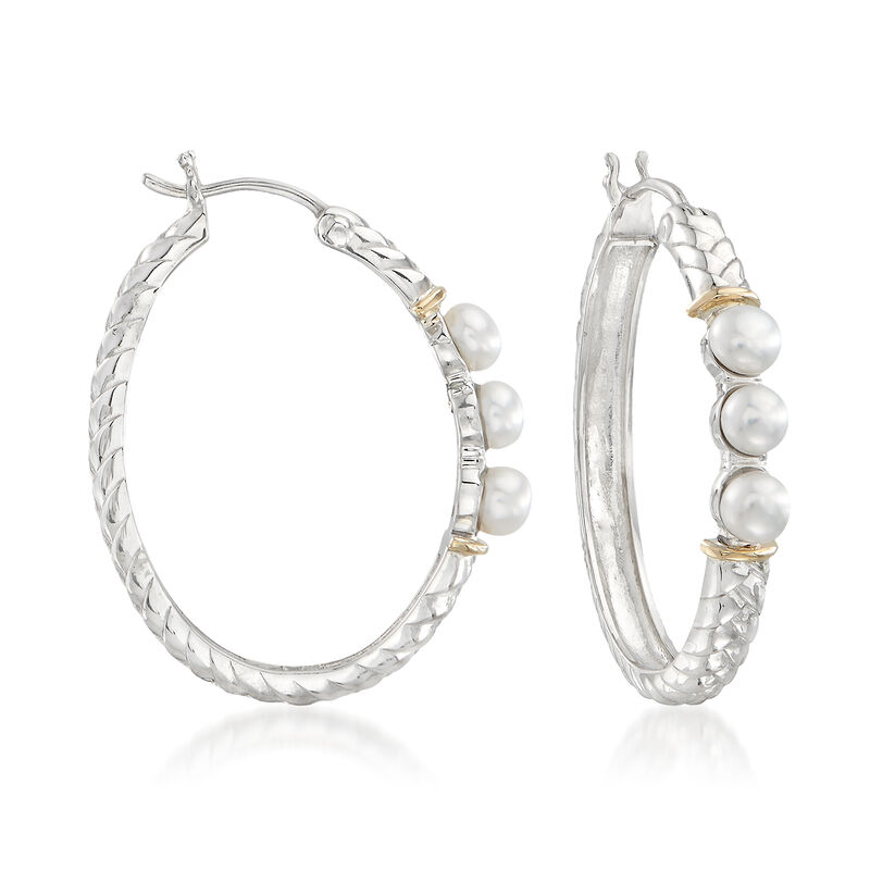4-4.5mm Cultured Button Pearl and Sterling Silver Hoop Earrings with 14kt Gold image number 0