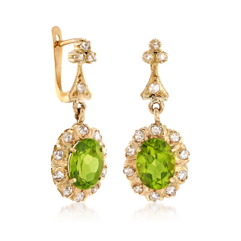 C. 1990 Vintage 3.68 ct. t.w. Peridot and .65 ct. t.w. Diamond Drop Earrings in 14kt Yellow Gold image number 2