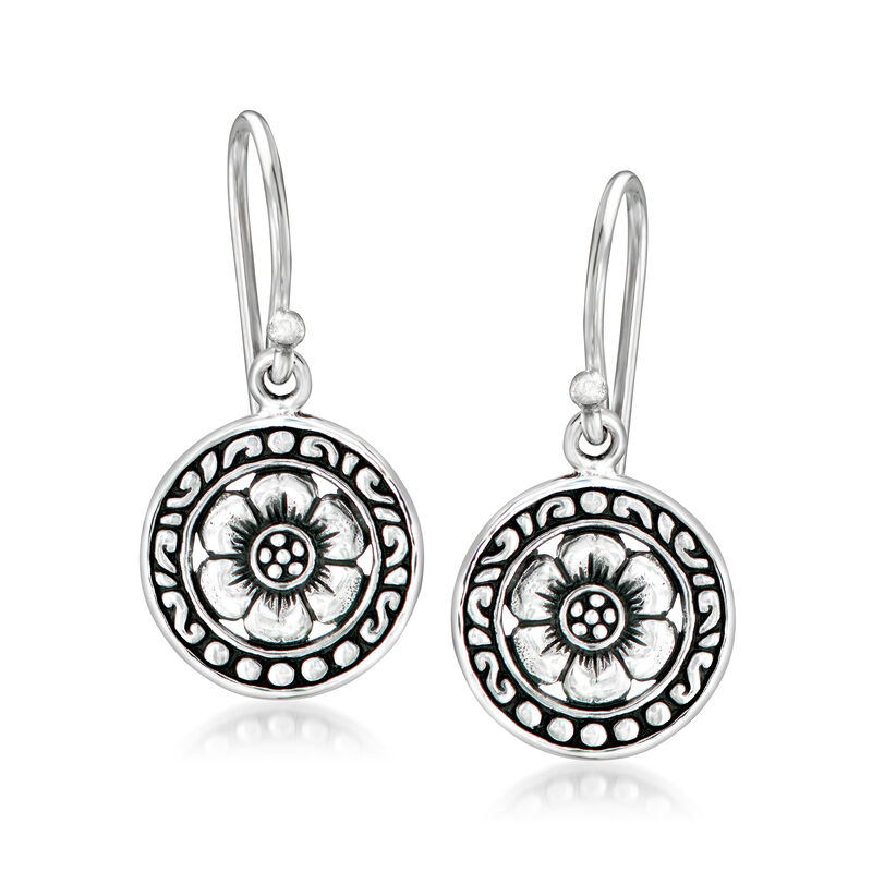 Sterling Silver Bali-Style Flower Disc Drop Earrings  image number 0
