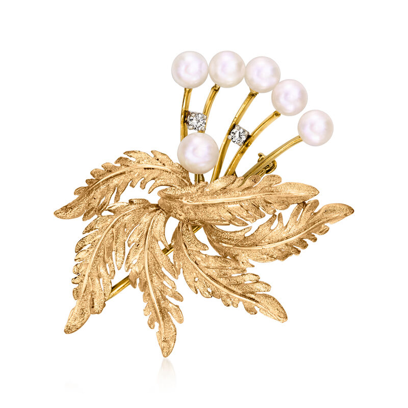 C. 1980 Vintage 5-6mm Cultured Pearl and .10 ct. t.w. Diamond Leaf Pin in 14kt Yellow Gold  image number 0