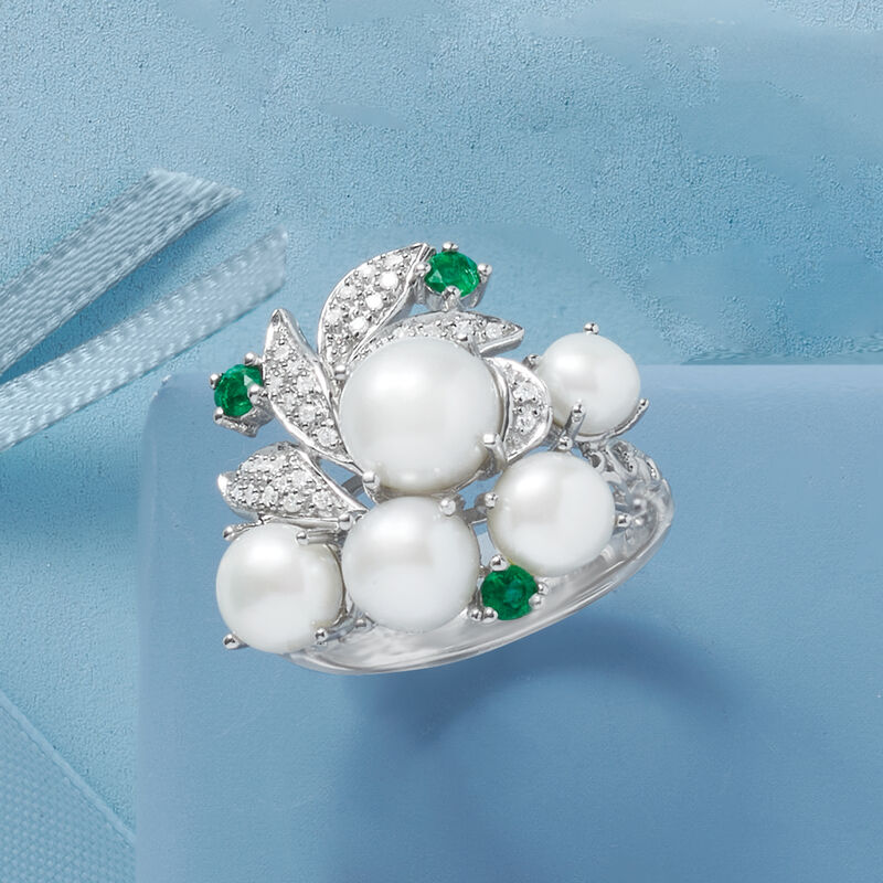 Cultured Pearl and Diamond Cluster Ring with Emeralds in Sterling Silver image number 4