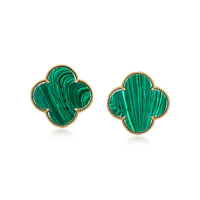 C. 2000 Vintage Malachite Clover Earrings in 14kt Yellow Gold