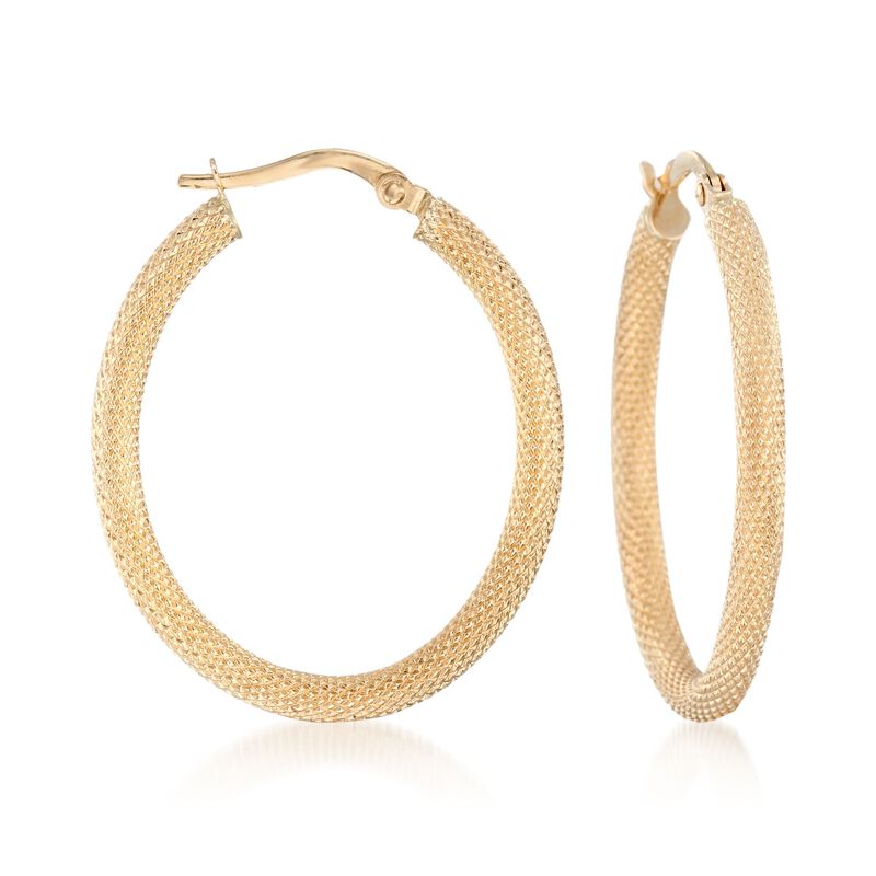 Italian 14kt Yellow Gold Textured Oval Hoop Earrings. 1 1/8&quot; image number 0