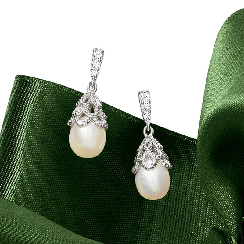 7-7.5mm Cultured Pearl and .15 ct. t.w. CZ Drop Earrings in Sterling Silver  image number 2