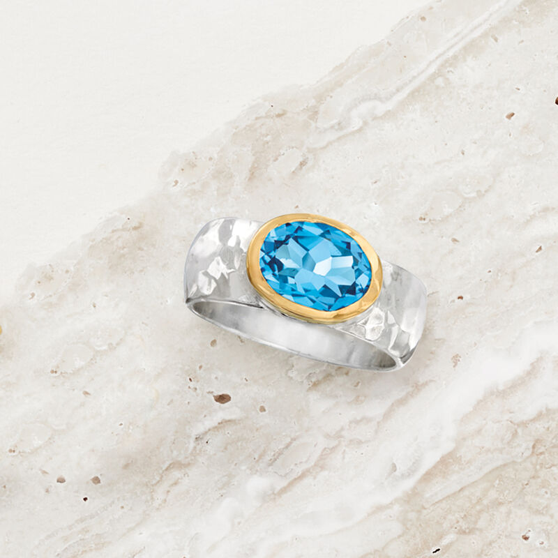 3.50 Carat Swiss Blue Topaz Hammered Ring in Sterling Silver with 14kt Yellow Gold image number 3