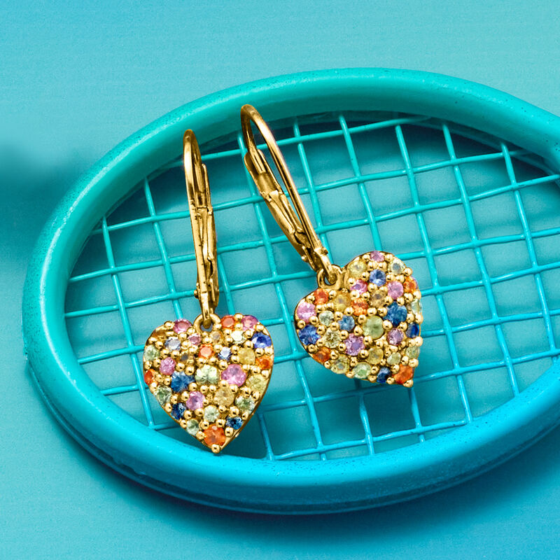 1.30 ct. t.w. Multicolored Sapphire Heart Drop Earrings in 18kt Gold Over Sterling  image number 2