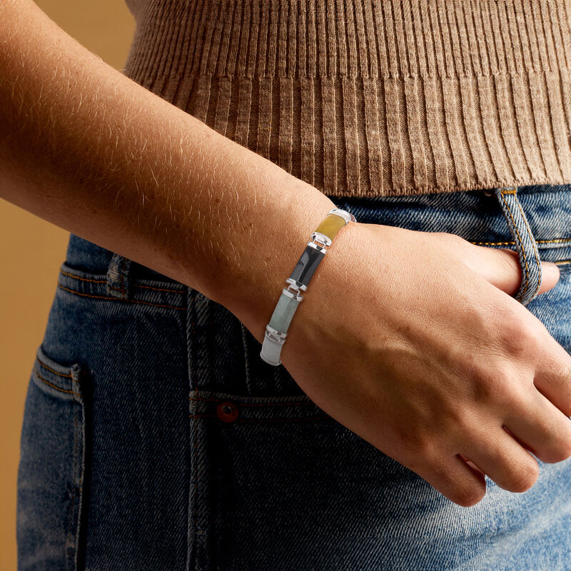 Multicolored Jade "Good Fortune" Bracelet in Sterling Silver image number 1