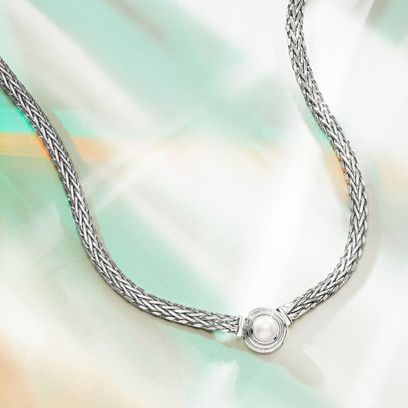 8mm Cultured Pearl Flat Wheat-Chain Necklace in Sterling Silver image number 4