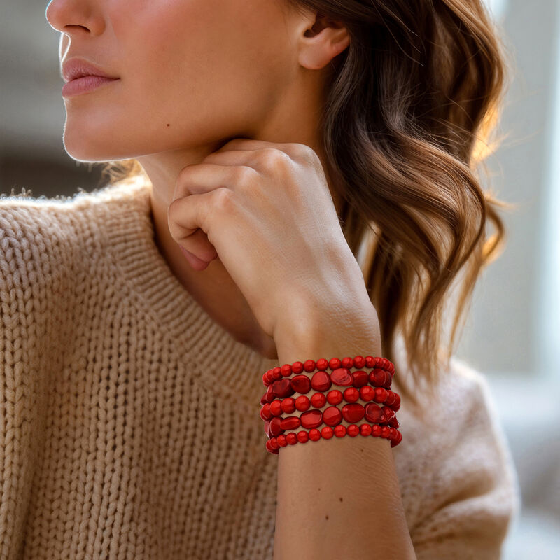 6-13mm Red Coral Jewelry Set: Five Stretch Bracelets. 7&quot; image number 1