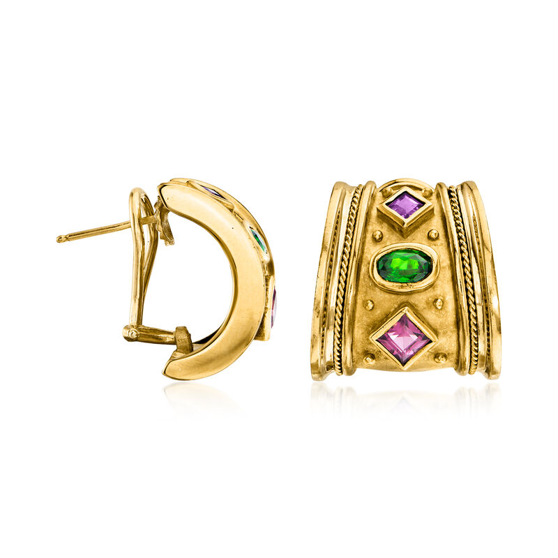 C. 1980 Vintage 1.00 ct. t.w. Chrome Diopside, .80 ct. t.w. Garnet and .35 ct. t.w. Amethyst Curved Earrings in 18kt Yellow Gold 