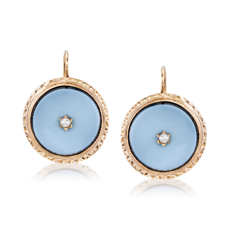 C. 1930 Vintage Gray Agate Drop Earrings with Cultured Half-Pearls in 14kt Yellow Gold image number 0