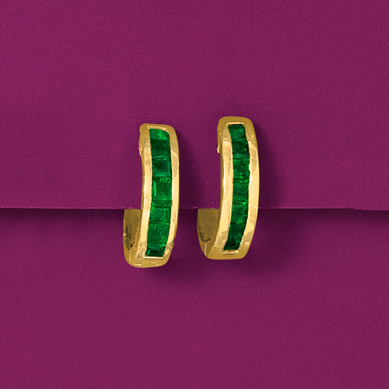 .60 ct. t.w. Emerald Huggie Hoop Earrings in 14kt Yellow Gold. 3/8&quot; image number 3