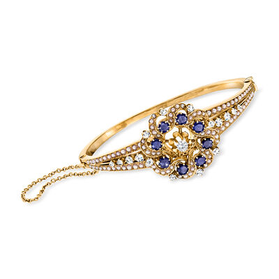 C. 1960 Vintage 1.65 ct. t.w. Sapphire and 1.05 ct. t.w. Diamond Flower Bangle Bracelet with Seed Pearls in 14kt Yellow Gold