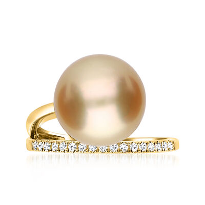 12-12.5mm Golden Cultured South Sea Pearl Ring with .12 ct. t.w. Diamonds in 14kt Yellow Gold