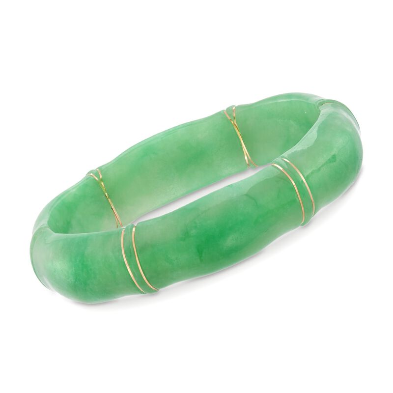 Carved Green Jade Bangle Bracelet with 14kt Yellow Gold image number 0