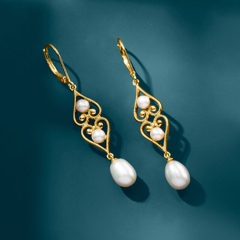 4-7.5mm Cultured Pearl Scrolled Heart Drop Earrings in 18kt Gold Over Sterling  image number 2