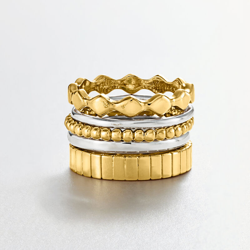 Silver and 14kt Gold-Plated Jewelry Set: Five Stackable Rings image number 4